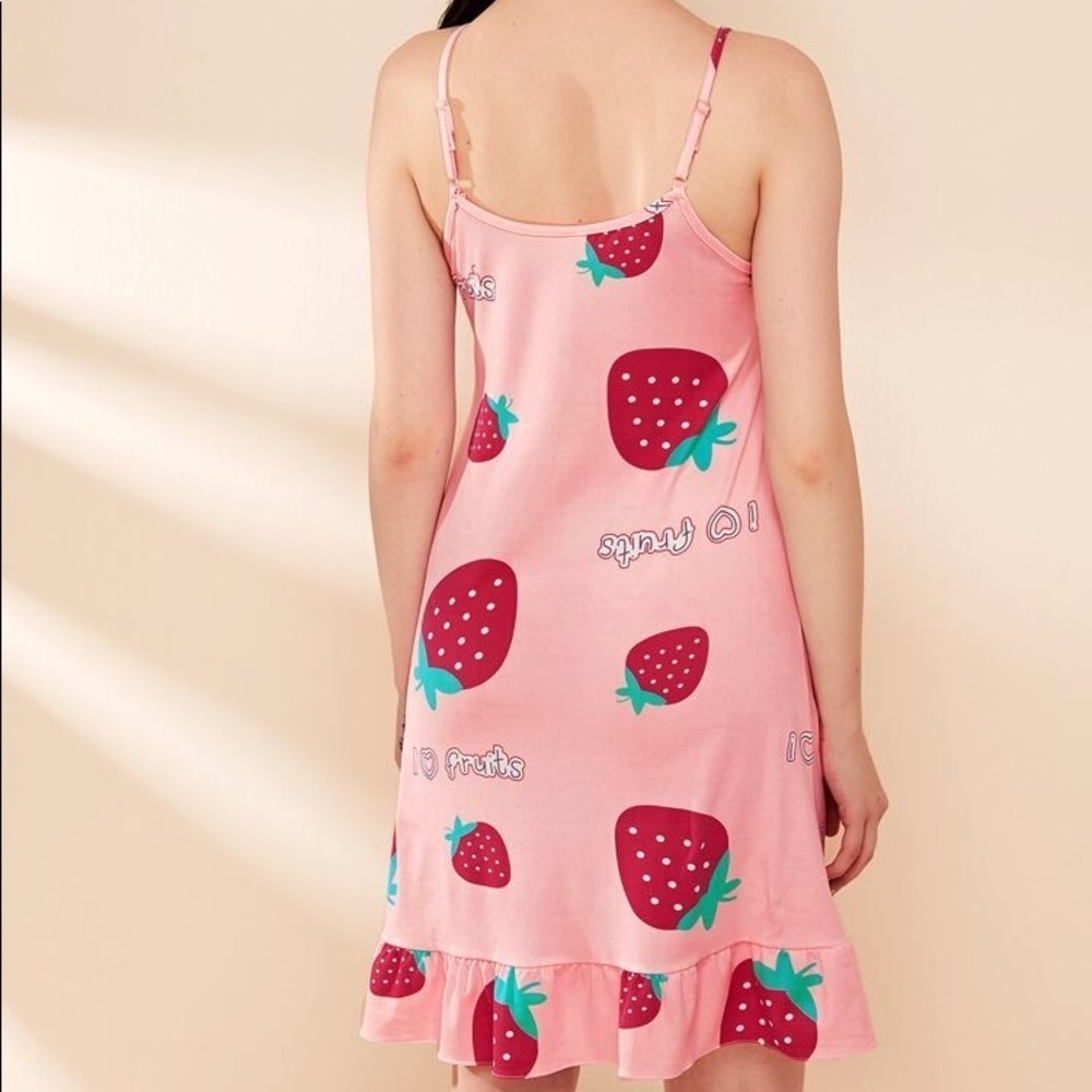 New Pink Strawberry Ruffle Cami Nightgown​ - Picture 2 of 6